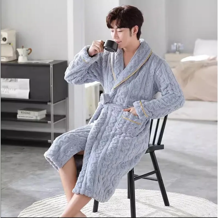 Women Men Kimono Bathrobe Gown Nightdress Autumn Winter Couple Warm Thick Coral Fleece Nightgown Sleepwear Soft Flannel Robe