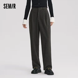 Semir Casual Pants Women Solid Color Loose Long Pants Versatile Retro 2024 Winter Temperament Imitation Wool Tapered Pants