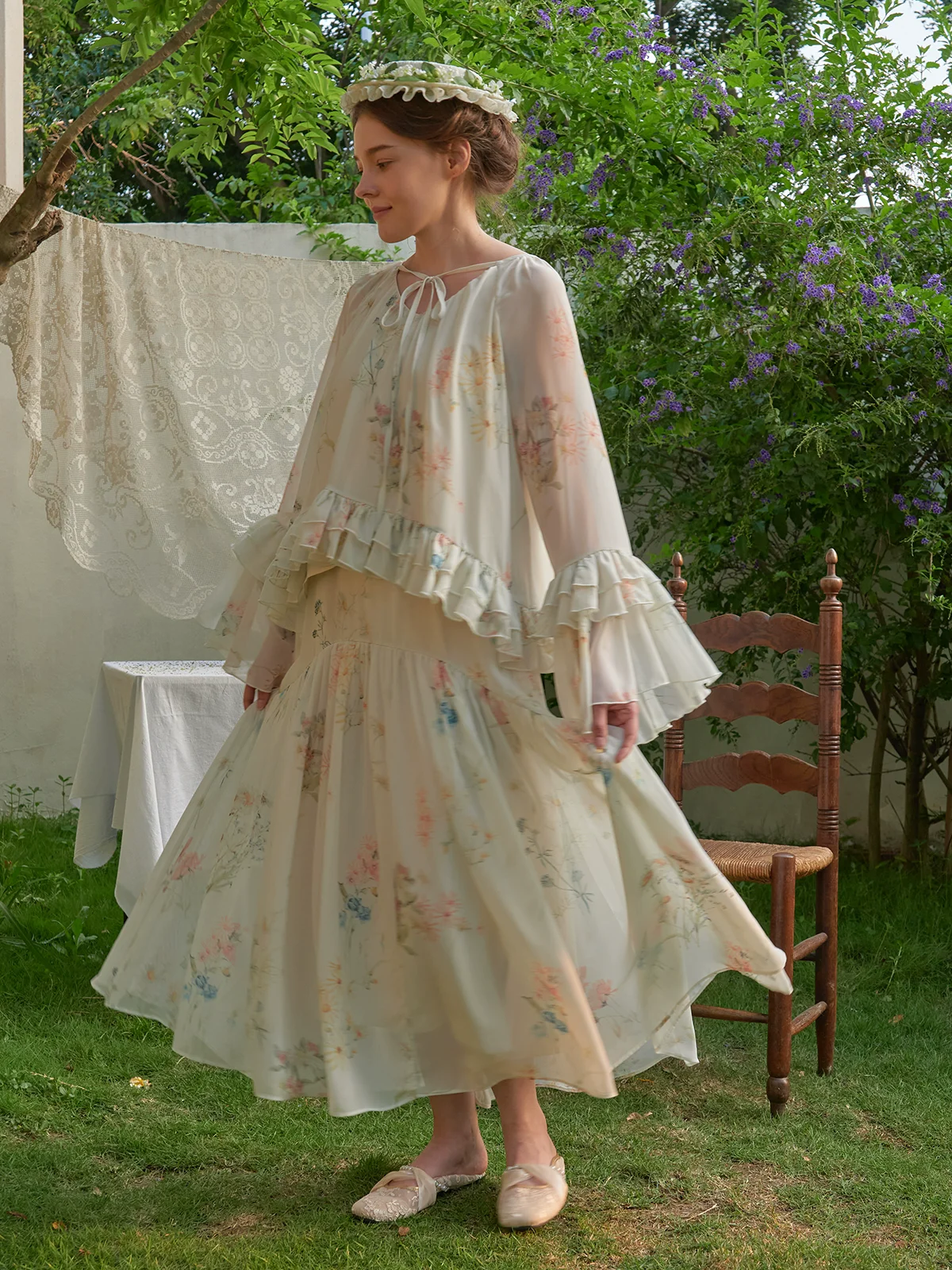 

Spring Summer Women Fresh Plant Print Bell Sleeve Flared Strapless Maxi Dress + Top Two-Piece Set Dress