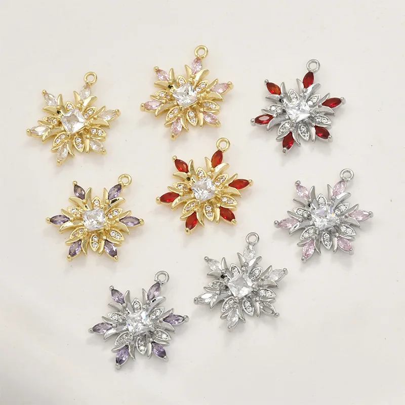 Copper Plated 14k Gold Christmas Series Colorful Zirconium Snowflake Pendant DIY Bracelet Necklace Ear Jewelry Accessories
