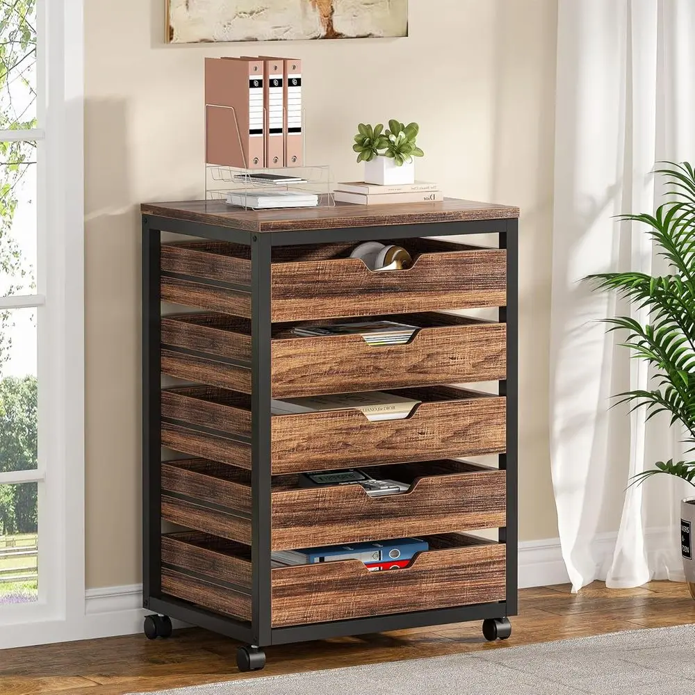 

Rustic Brown Mobile Storage Cabinet with Drawers, Wheels, and Printer Stand for Industrial or Home Office Use