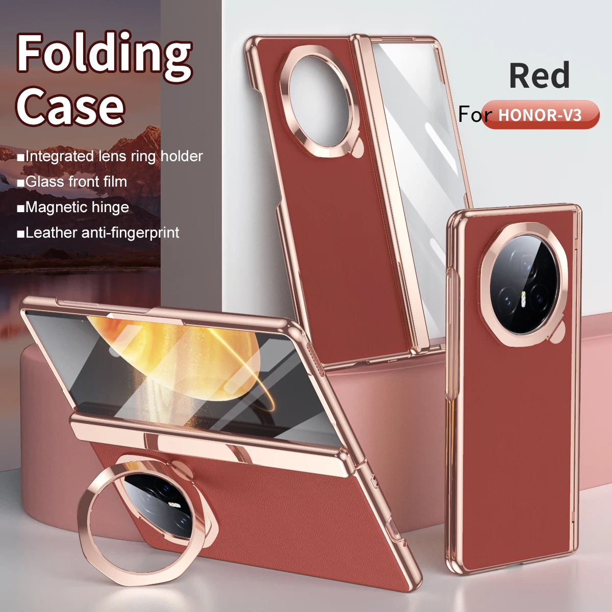 

Luxury Pu Leather Hard Pc Plating Phone Case For Honor Magic V3 Case With Screen Protector Lens Bracket Cover