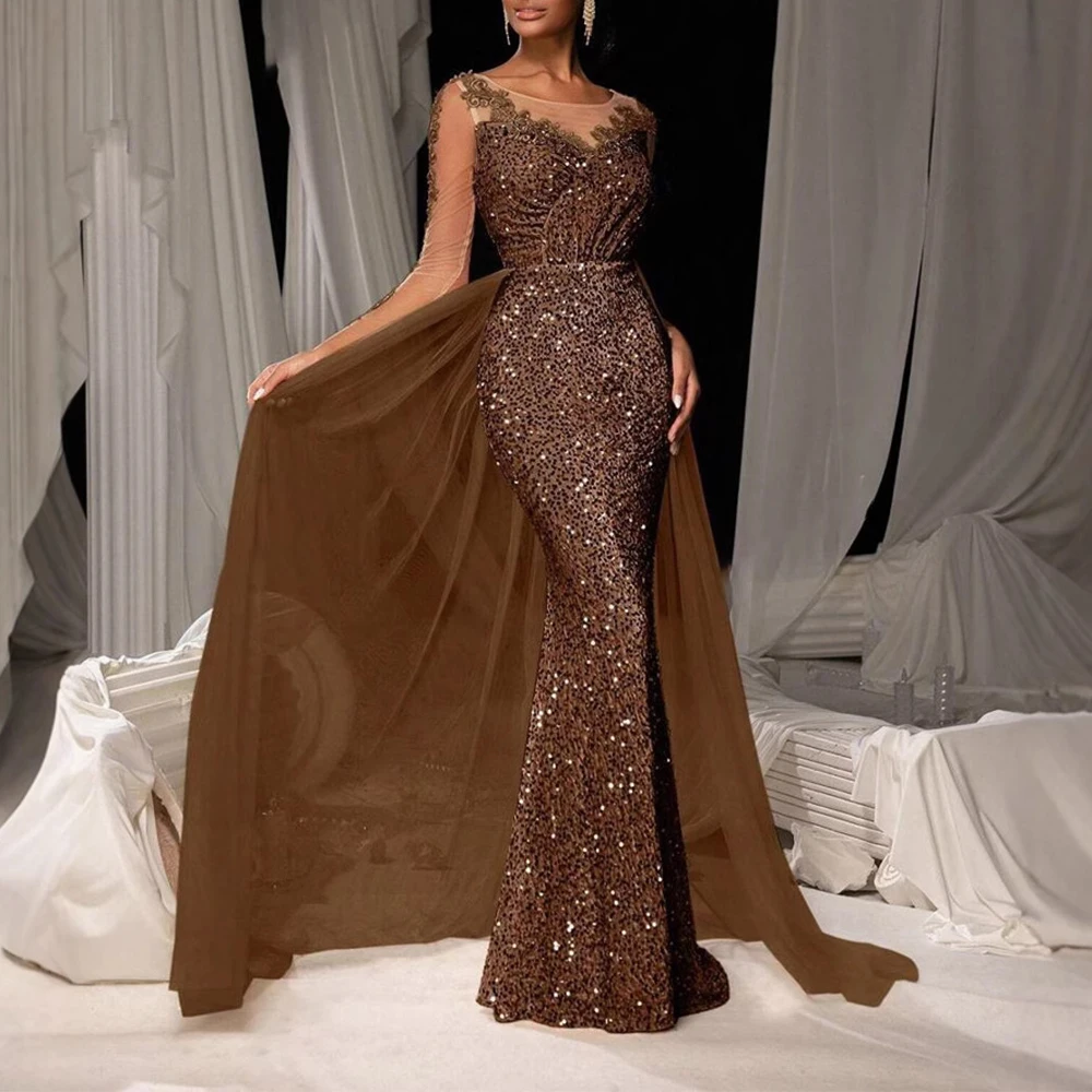 

Shiny Luxury Elegant Sequins Women Evening Dress Crew Neck Long Sleeve Lace Fashion Prom Dress Female Wedding Guest Maxi Dresses