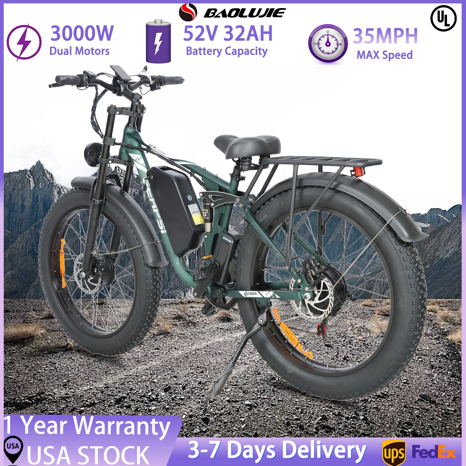 

BAOLUJIE 2603 Electric Bike Adults Ebike 52V 32AH Removable Lithium Battery Max Speed 35MPH Range 34-41 Miles【1 Year Warranty】