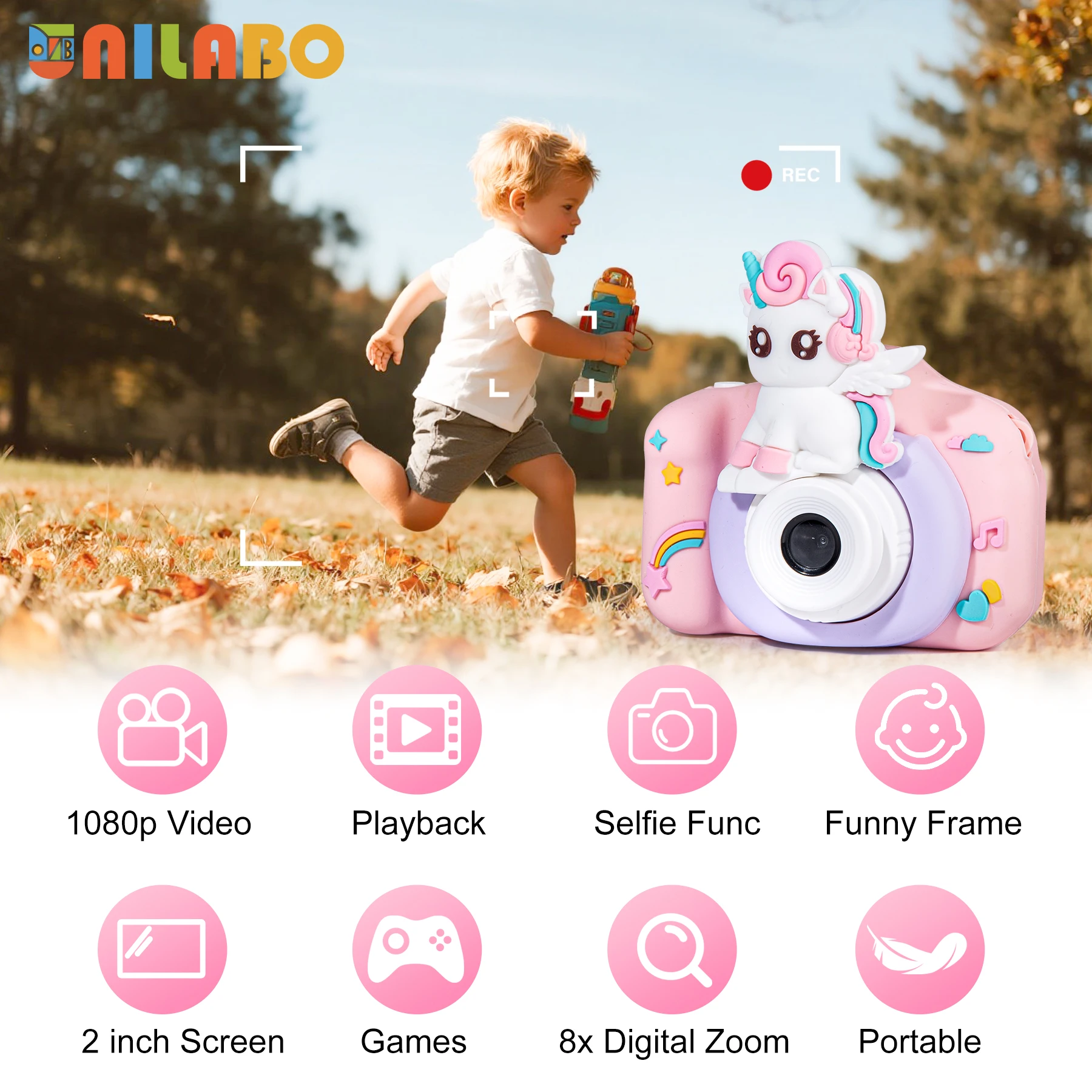 Atualize câmera selfie infantil, câmera filmadora de vídeo infantil HD com capa macia de desenho animado, presentes ideais para festival com cartão SD de 32 GB