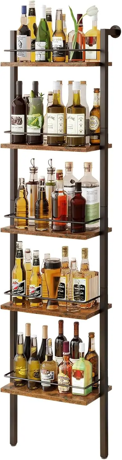 

5-Tier Freestanding Wine Rack with Fences, Wall Mounted Floating Shelf for Kitchen and Dining Room, Vintage Brown