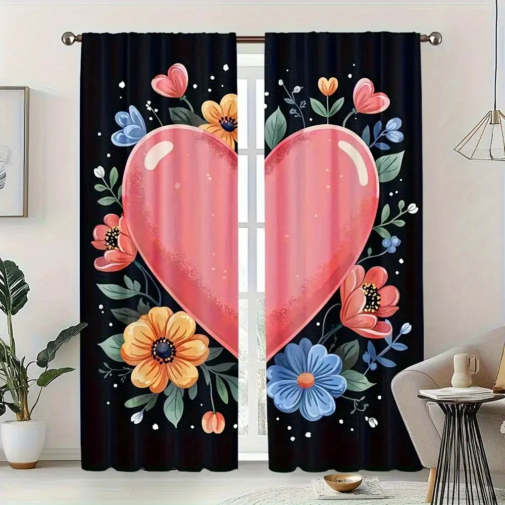 curtainSet of 2 Decorative Heart And Floral Curtains for Doorways. Functional Design Ideal for Bedrooms, Living Rooms, Kitchens