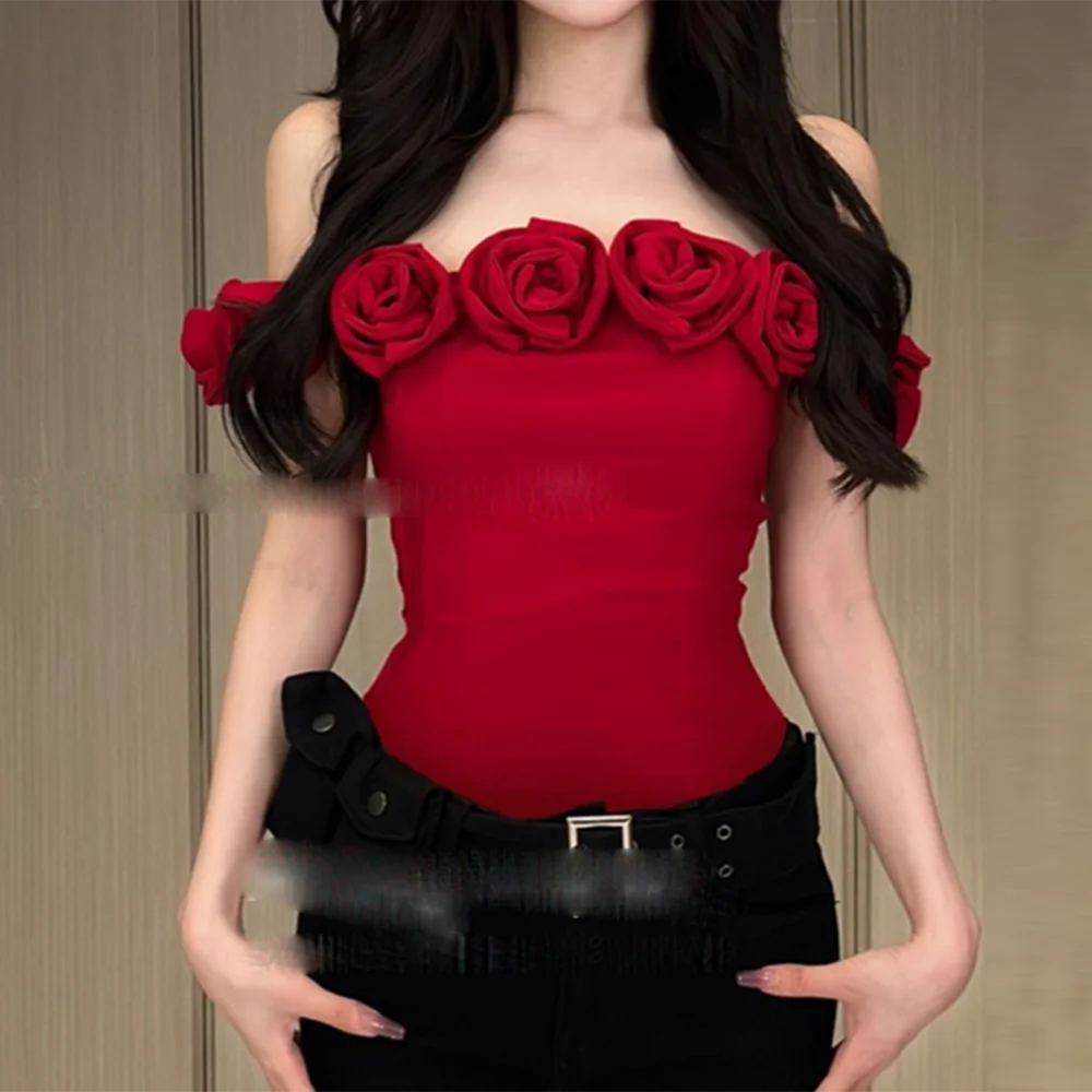 

Spice girl red three-dimensional flower off-the-shoulder women's summer high-end slim-fit one-word shoulder short top