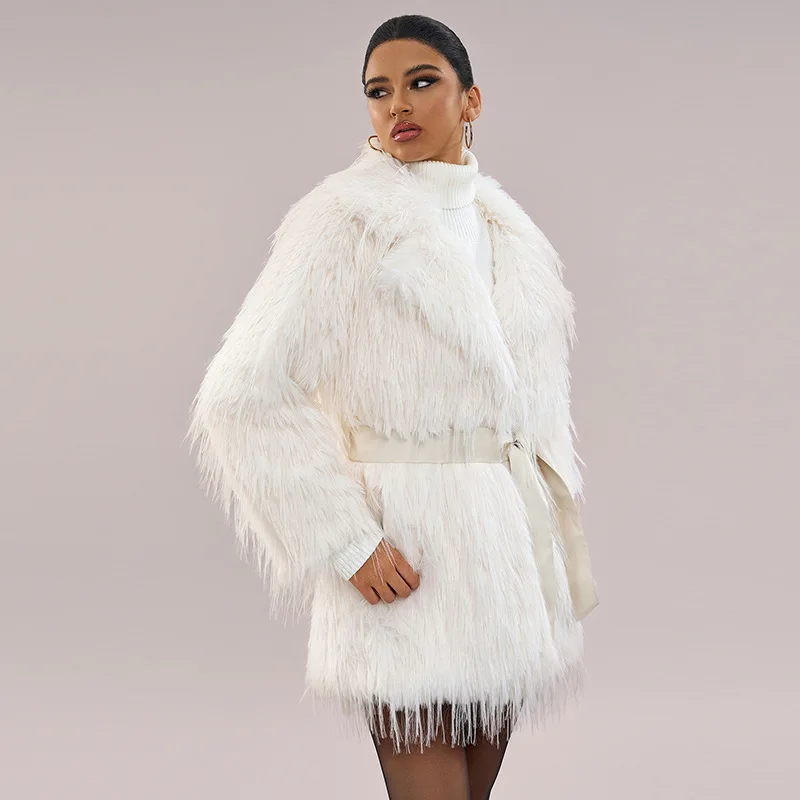 Casaco Toka Imitation Fox Fur para Mulher, Cinto, Moda Outono e Inverno