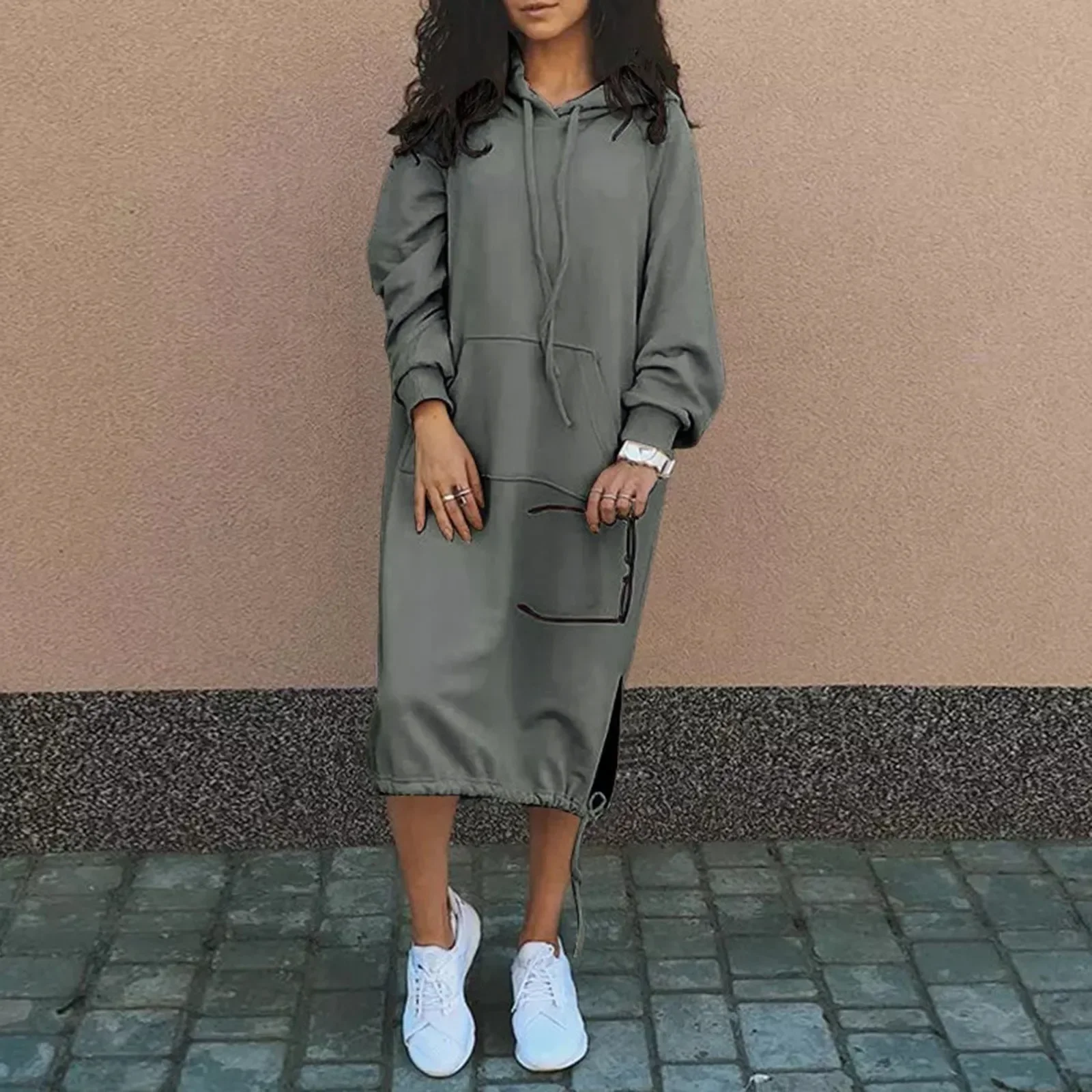 

2024 Autumn Women's Dress Oversize Solid Color Hoodies Sweatshirt Long Dresses Female Trendy Winter Warm Casual Lady Streetwear