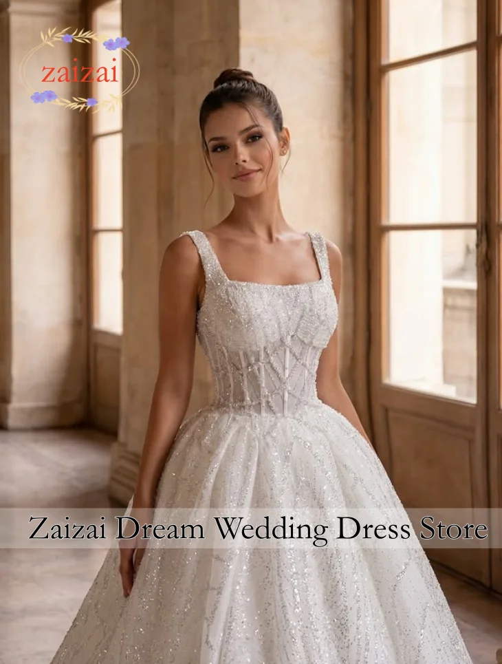 Customized Luxury Beaded Glitter A-Line Wedding Dress Square Collar Neck Sleeveless Bridal Gown Robe De Mariage Vestido De Novia