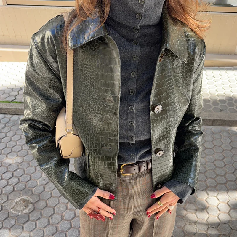 Damen Kunstlederjacken mit Krokodilhaut-Optik, Revers, Langarm, Einreihig, mit Taschen, Herbstmantel, Lockerer Schnitt, Neue Oberbekleidung – Detail 14