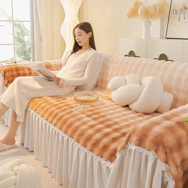Rabbit Fur Sofa Cover Cloth Towel Advanced Sense Sofa Blanket Autumn and Winter Plush Sofa Towel 2024 New Full Cover Sofa Cover