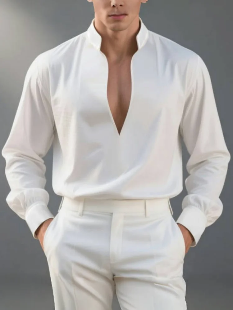 Mens Solid White Stand Collar Deep V Neck Long Sleeve Shirt Puff Cuff Luxury Formal Wedding Club Casual Blouse