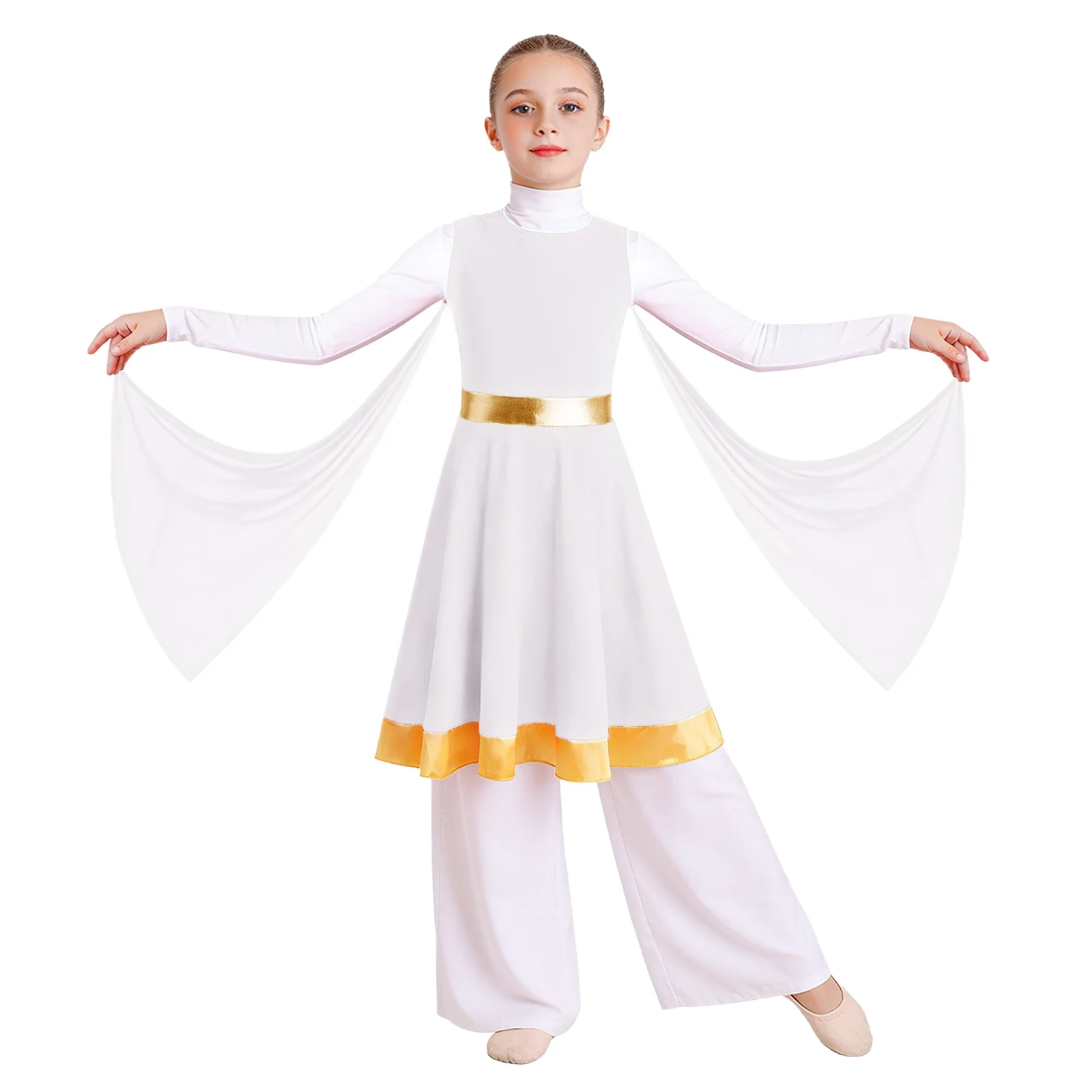 

Kids Girls Worship Liturgical Praise Dance Robe Lyrical Dance Performance Costumes Long Sleeves Zip Tunic Dress with Mesh Drapes