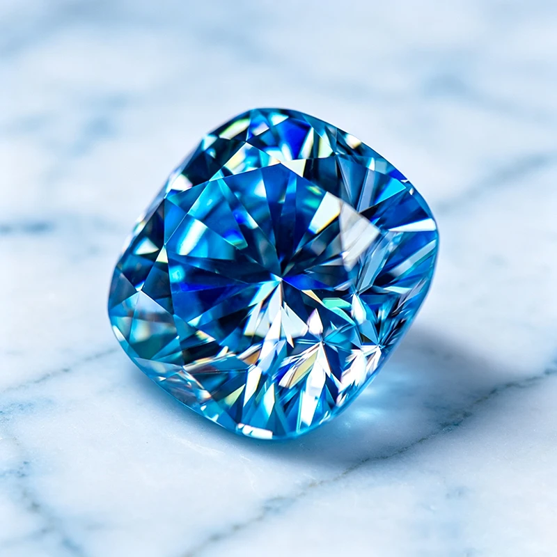 Moissanit-Stein im Kissen-Schliff, Aquamarin-Edelstein für DIY-Schmuckherstellung, besteht den Diamanttest mit Zertifikat – Detail 4
