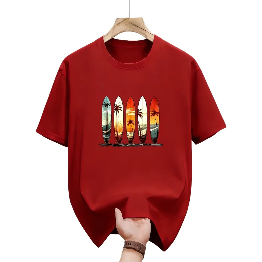 2026 New Men's T-shirt - Casual Fashion Summer Fitness Surfboard Sunset Palm Tree Print Pattern - Men's Short Sleeve T-shirt