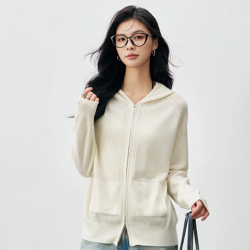 

Spring and Autumn 100% Wool Women's Hooded Cardigan Long Sleeve Zipper Sweater Soft Breathable High Quality Fashion Top