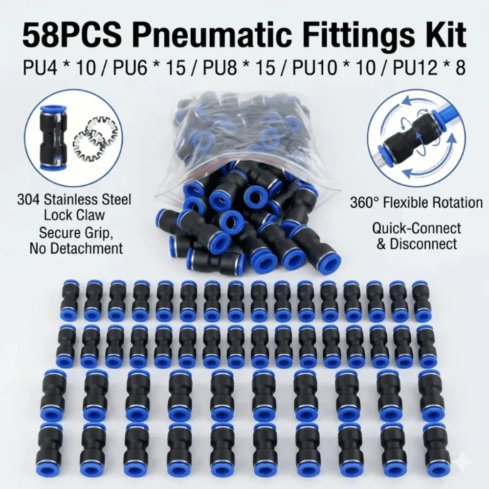58Pcs Pneumatic Quick Fittings Kit 4mm 6mm 8mm 10mm 12mm Push In Straight Joint Air Hose Tube Connector Assortment Coupler