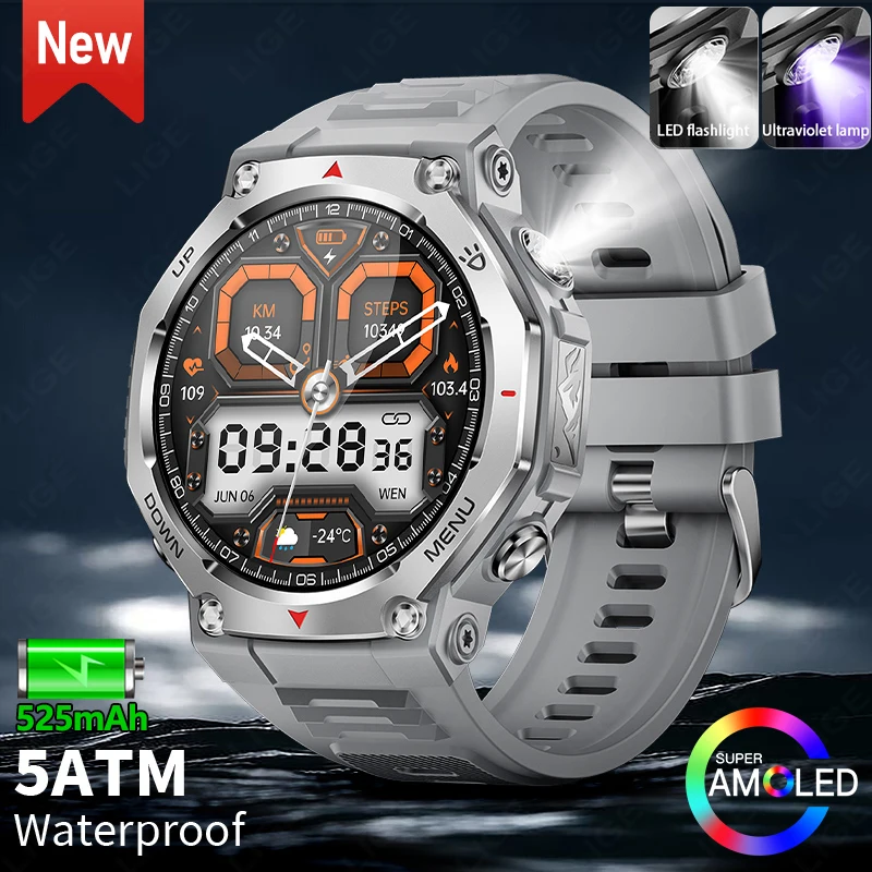 LIGE New Military Grade Men Smart Watch T-rex 3 5ATM Waterproof Sport Fitness Tracker Bluetooth Call Smart Watches Sleep Monitor