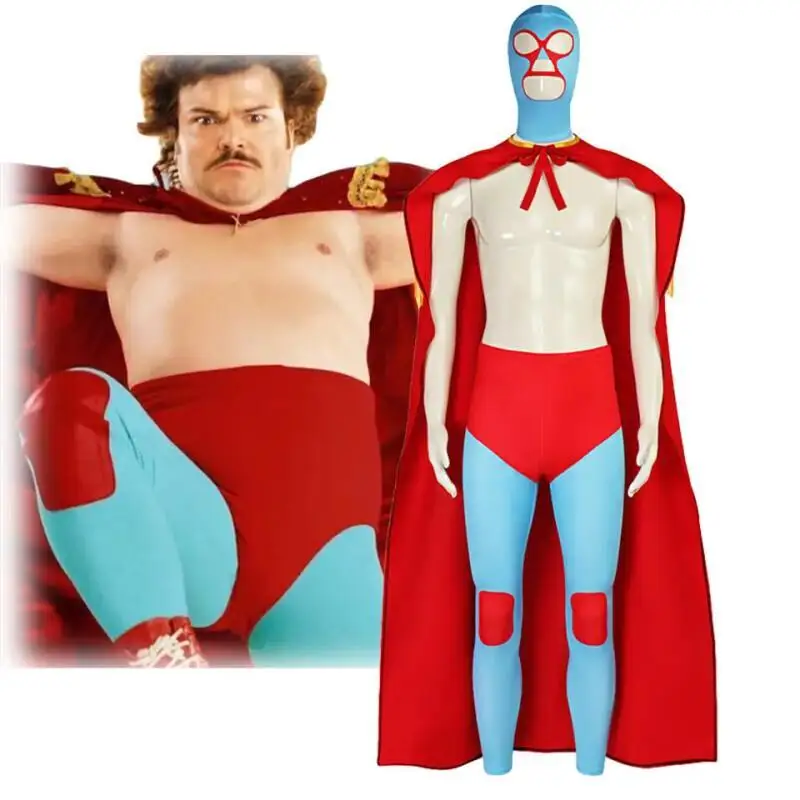 Halloween Carnival Party Adult Men Nacho Libre 4PCS Mexican Wrestling Cosplay Full Set Red Cloak Mask Pants Shorts For Comic Con