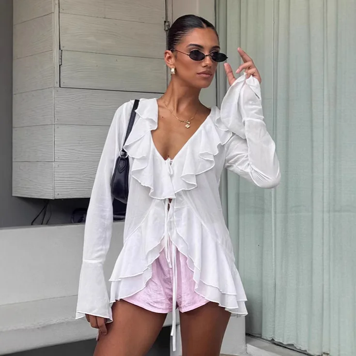 

KIDCRKJ Lace Up Spring Women's Shirt White Ruffle-Trimmed Asymmetric Designer Blouse For Lady Chic Minimalist Female's Shirt