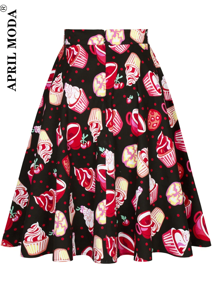 2023 Black Icecream Print Summer Women Skirt Cotton Casual Swing Skater High Waist 40s 50s 60s Retro Rockabilly Vintage Skirts