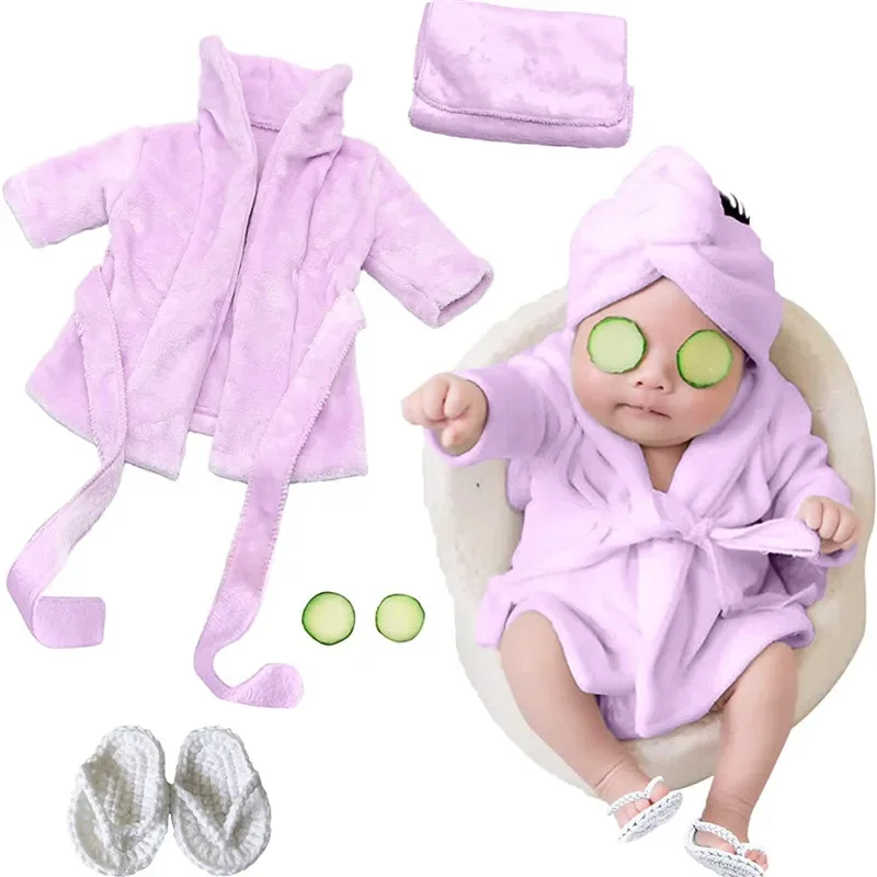 5PCS New Baby Bathrobes Bath Towel Purple Baby Hooded Robe With Belt Newborn Photography Props Baby Photo Shoot Accessories