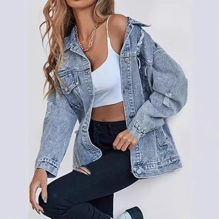 Denim Coat Women Coats Turn Down Collar Distressed Full Sleeve Loose Jackets Single Breasted Hole Frayed Vintage Y2k Streetwear