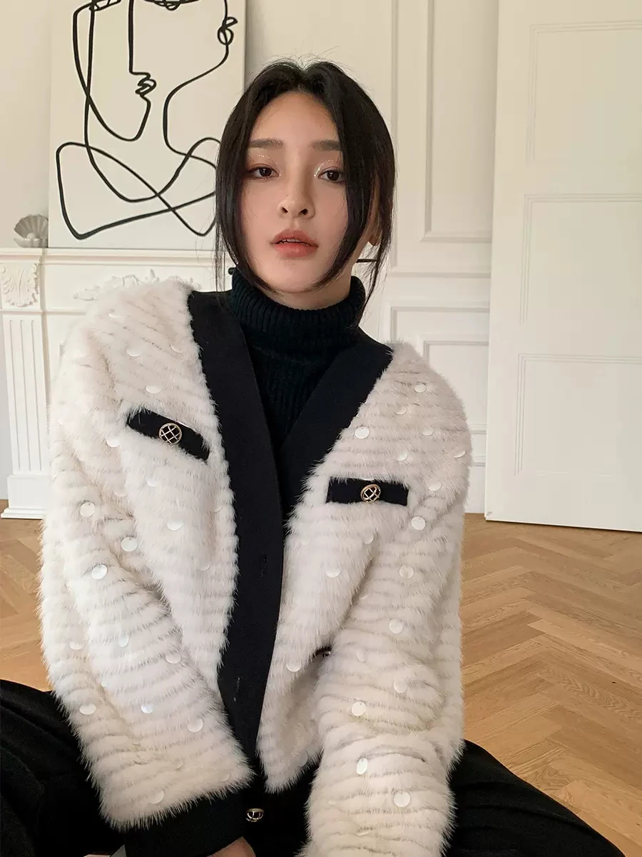 HDHOHR 2024 High Quality Knitted Mink Fur Coats Fashion Natural Mink Fur Jackets Sequin Decoration Winter Female Fur Parkers