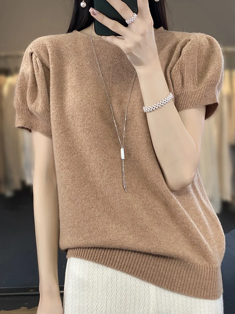 100% Pure Wool Knitted Short-Sleeved Sweater Women' Crew-Neck Jacquard T-shirt Fashion Loose Blouse Apring Summer New Base Shirt