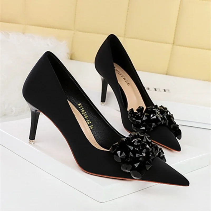 Female Silk Stain Null Pumps Pointy Toe Glass Crystal Super High Heels Shoes 10cm Sexy Party Nigh Club Slip-On Red Green Black