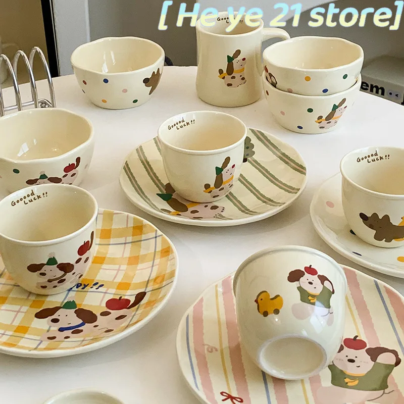 Cute and Worry Free Puppy Cream Ceramic Tableware, Home Plates, Rice Bowl Set, Gift and Souvenir Set Dinnerware Set