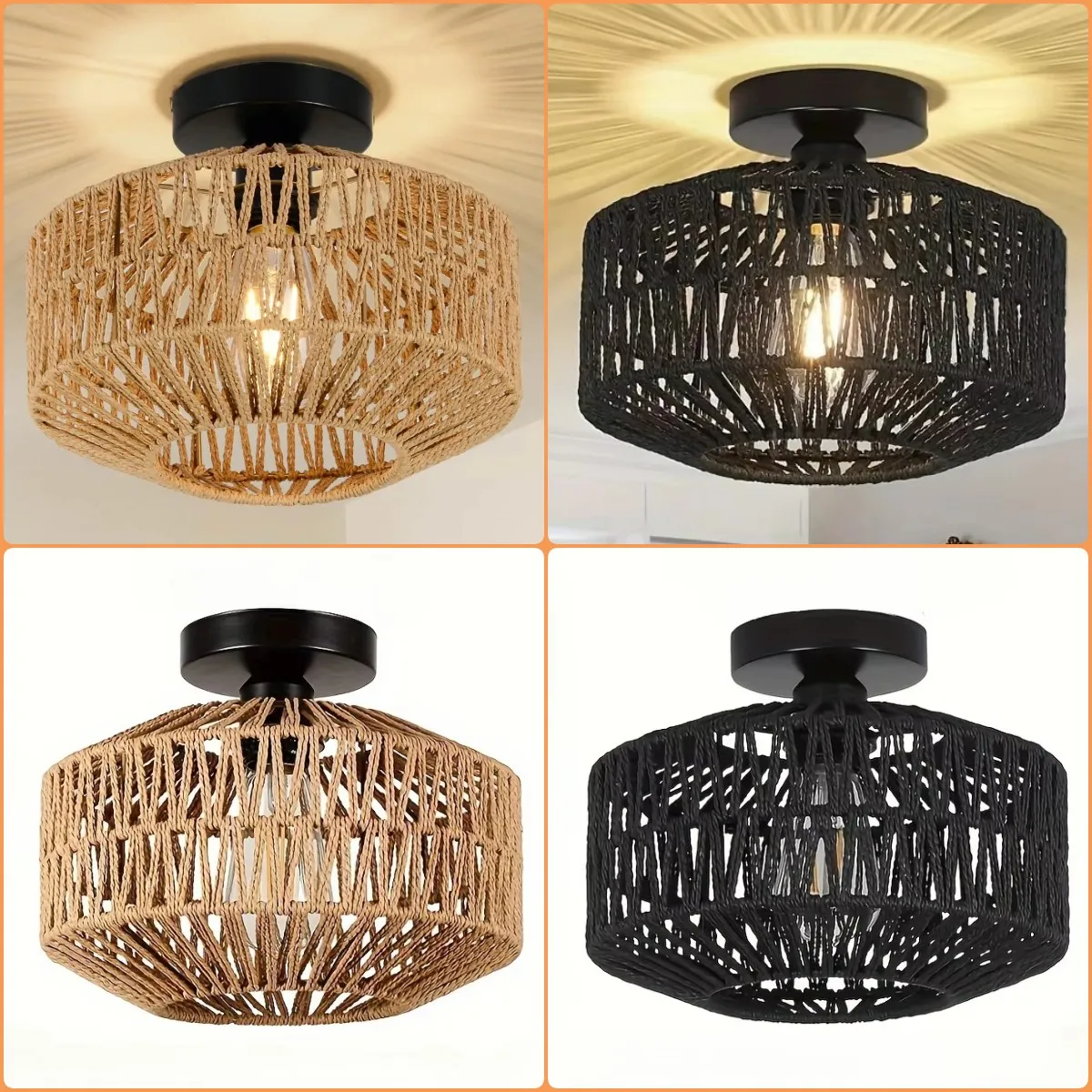 

Bohemian Woven Rattan Ceiling Lights, Traditional Style, for Hallway Bedroom Kitchen Entryway E27 Rattan Shade, Semi-Flush Mount