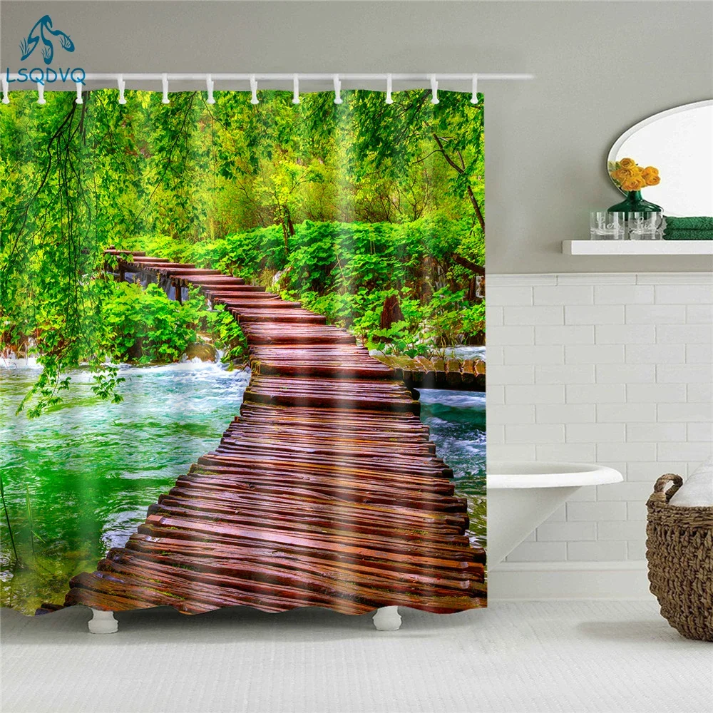 Flower Building Landscape Flower Shower Curtain Sea Bath Single Printing Waterproof Polyester for Bathroom Decor 180x200cm