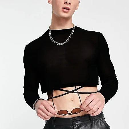 Slightly Transparent Sexy Inner Top Men, Niche Design Sense Straps Long-sleeved Short Fashion T-shirt