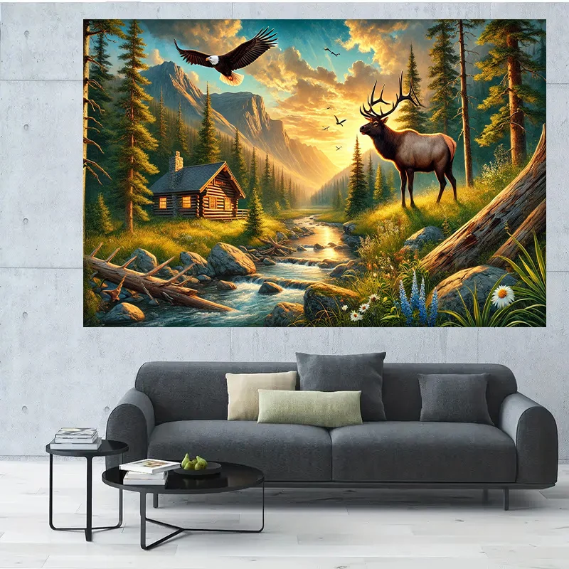 1pc Eagle Elk Cabin River Sunset Forest Landscape 2DFlat Tapestry Backdrop For Man Cave Decor Wilderness Nature Wall Hanging Art