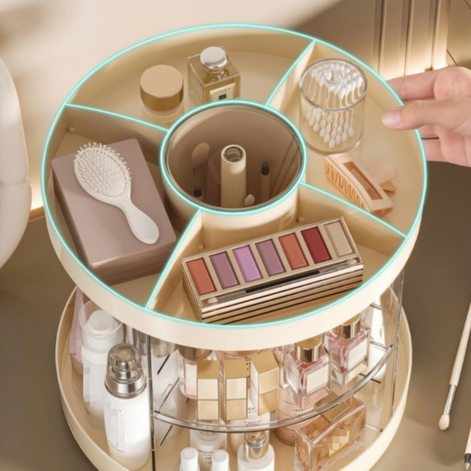 Rotating Makeup Organizer Desktop Makeup Brush Holder with Compartments Revolving Skincare Storage Space-Saving