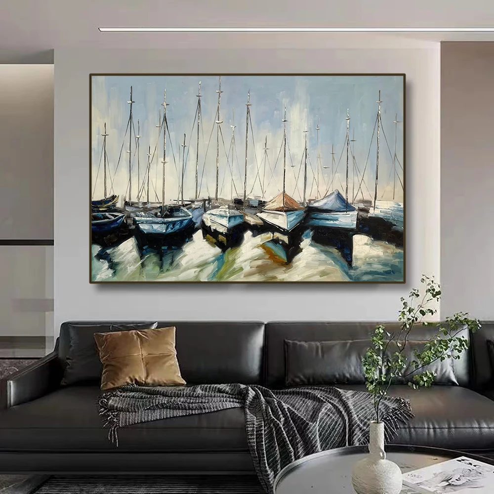 100% Hand Painted Marine Architecture Oil Painting Modern Abstract Canvas Wall Art Handmade Sailing Boat Painting For Home Decor