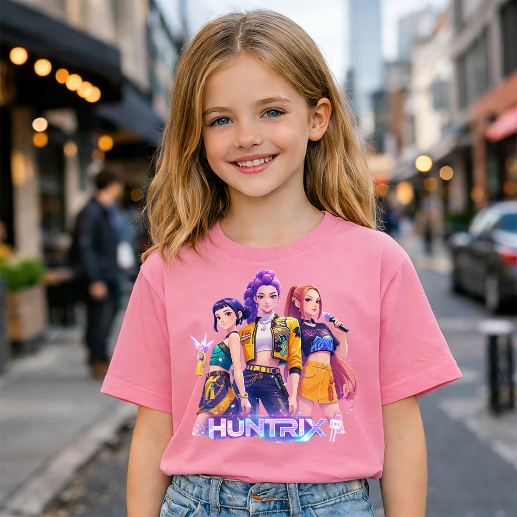 

Cute Kpop Demon Hunters Print Kids Summer T-Shirt Cartoon Style Short Sleeve Tops Breathable Comfortable Clothing For Children