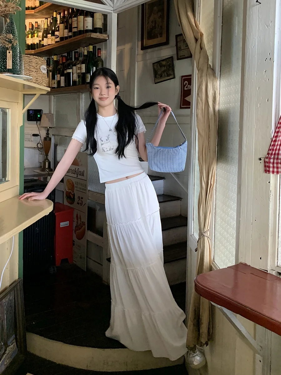 Gonna a trapezio a vita alta Ele Torta bianca Sle Pendolarismo Gonna da donna semplice in puro colore Gonna da forno a vita alta