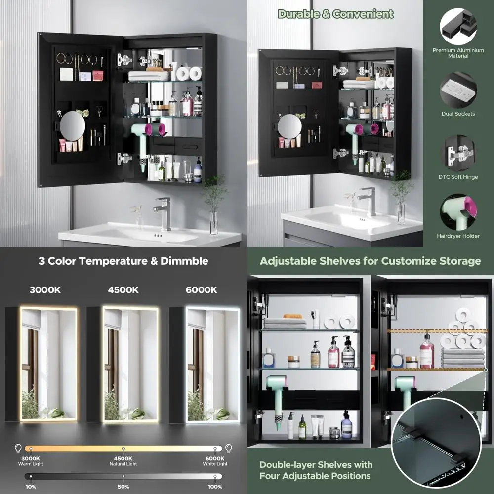 

Illuminated 20x30 Inch Bathroom Mirror Cabinet with LED Lighting and Dual Outlets for Cosmetic Storage