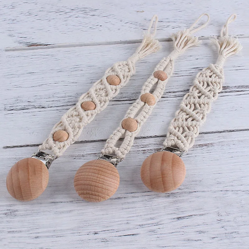 Vintage Crochet Baby Pacifier Clip Chain Woven Cotton Rope Handmade Beech Wood DIY Dummy Nipple Holder Pacifier Chain BPA-free