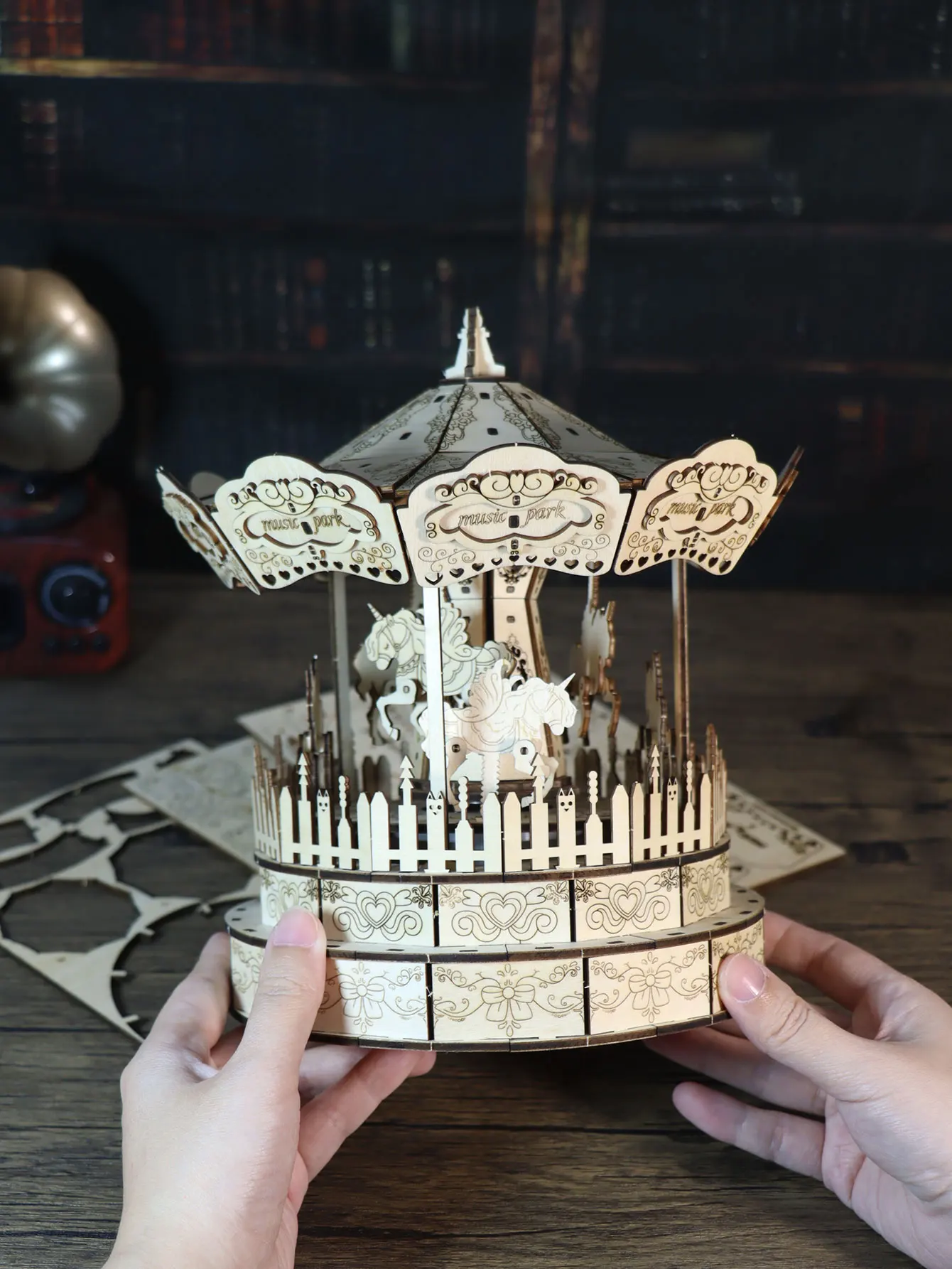3d Wooden Puzzle Carousel Music Box Handmade Assembly Model Kit Holidays Birthdays Christmas Gifts