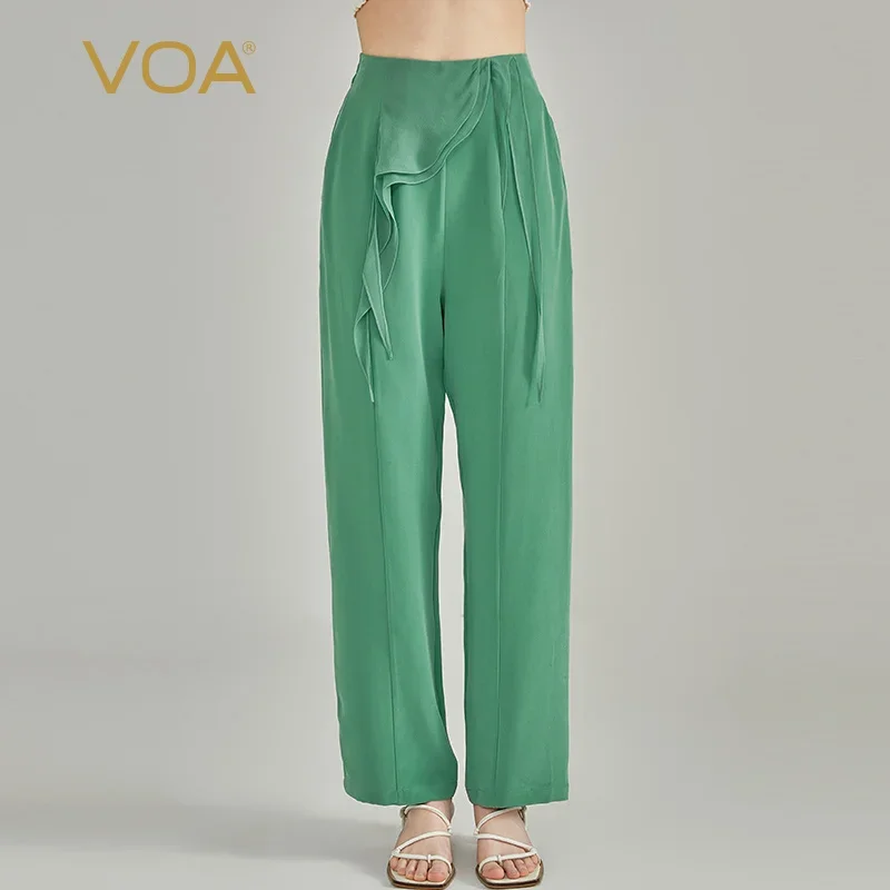 VOA Green 30 Momme Heavyweight Sandwashed Silk Natural Waist Trousers Pockets Hanging Smooth Silk Wide Leg Pants KE993