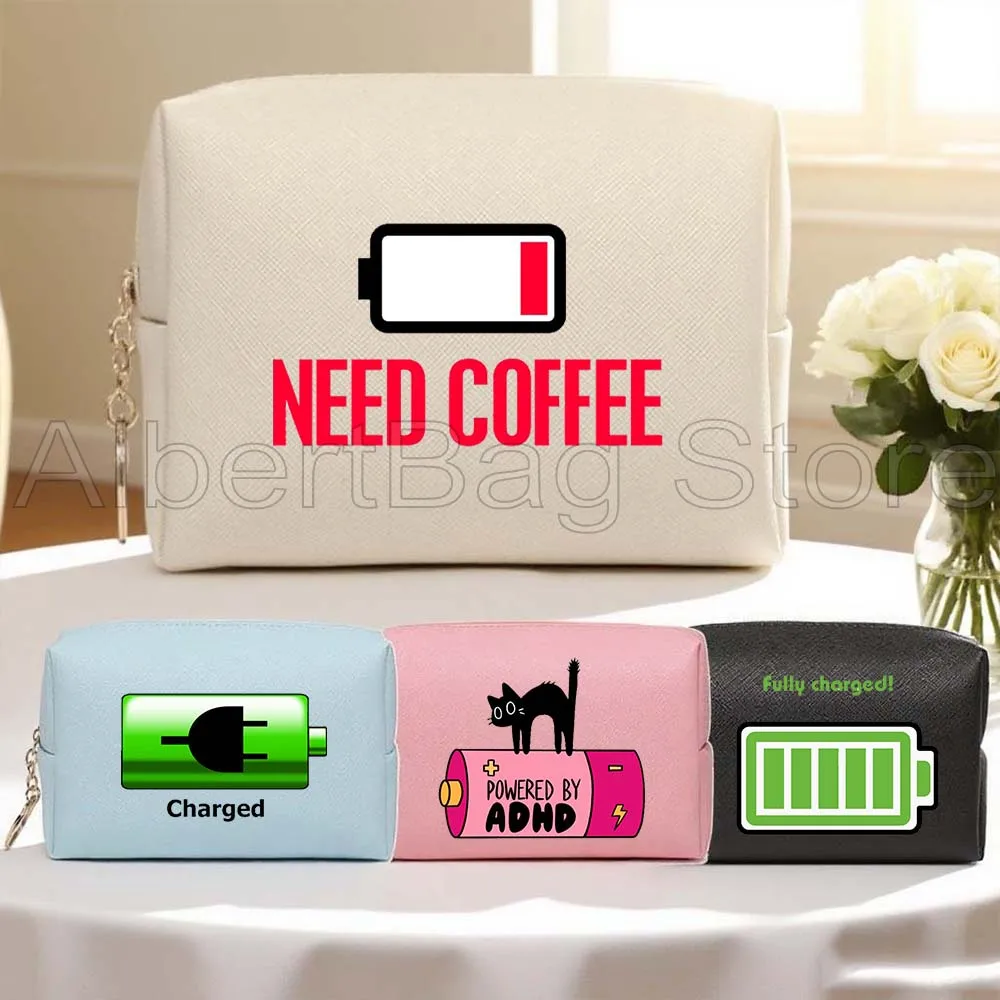 

Funny Battery Fully Charged Print Gifts PU Leather Travel Cosmetic Bag Makeup Bag Waterproof Toiletry Case Organizer Storage Bag