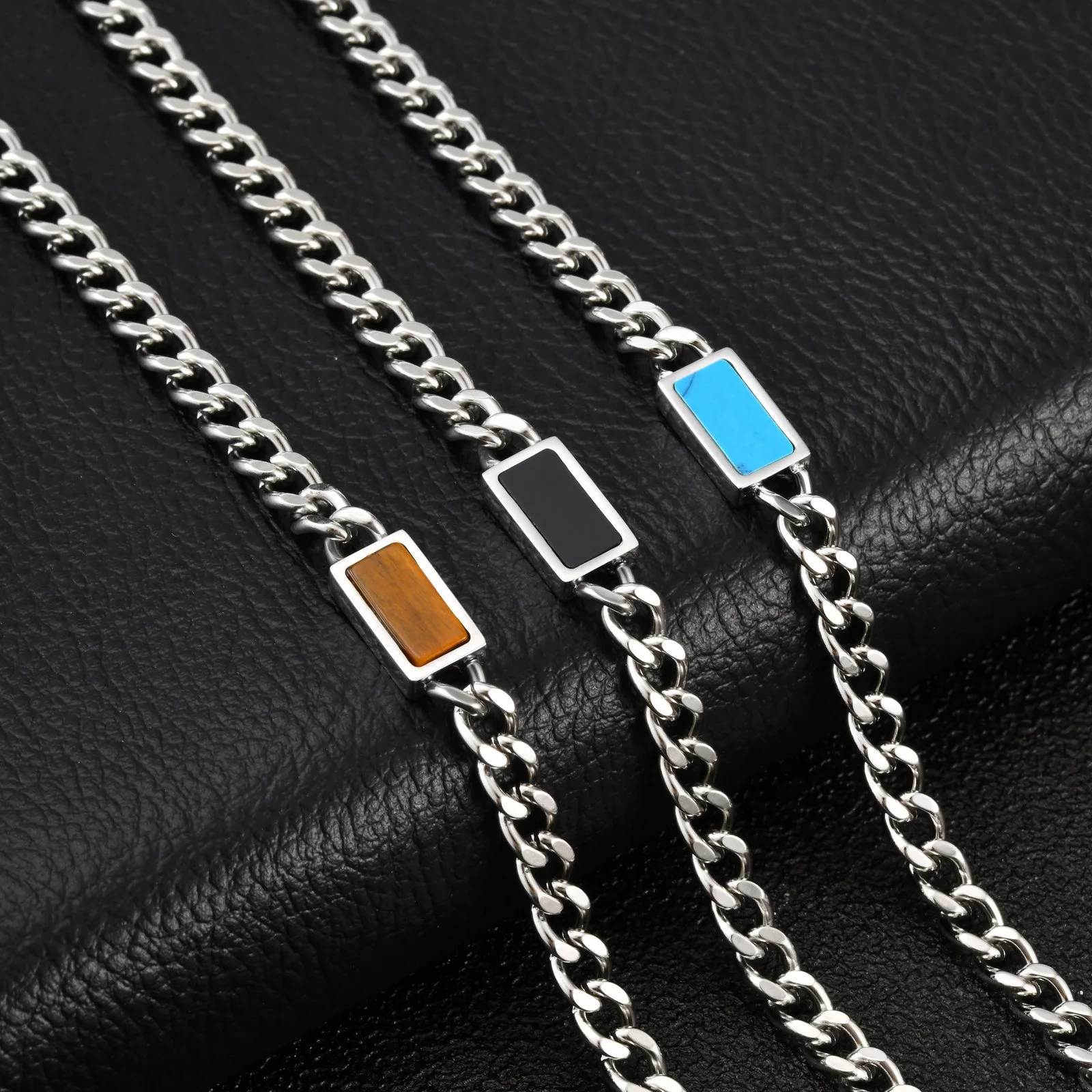 Stainless Steel Grinding Chain Turquoise Stacked Versatile Bracelet for Men No-fading Jewelry