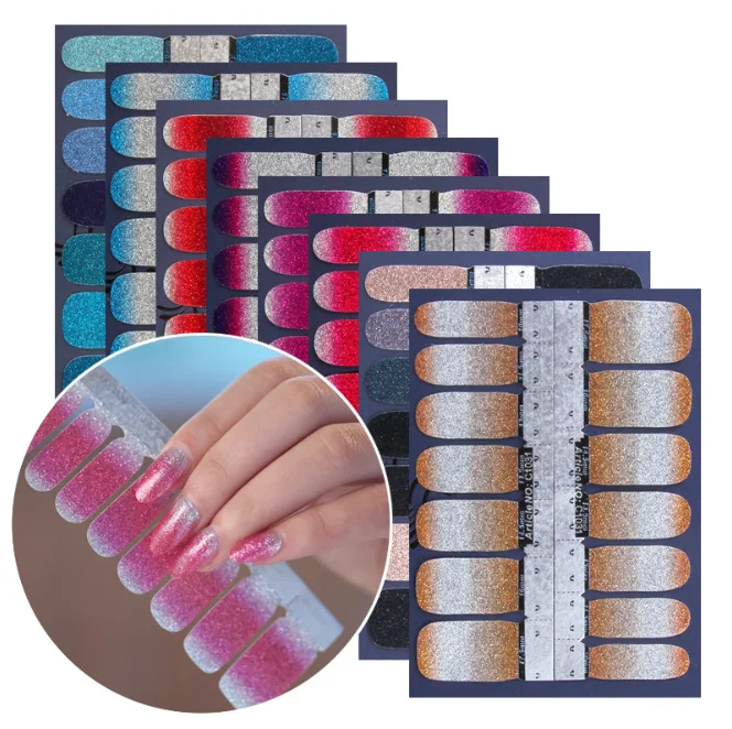 

14 Glitter Solid Color Nail Stickers Gradient Color Design Nail Art Stickers Full Coverage Waterproof Nail Polish Stickers