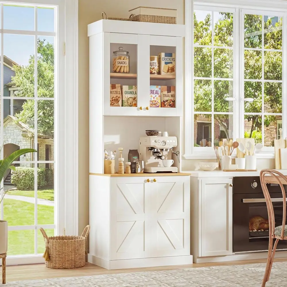 

71 Standing Kitchen Pantry Cabinet in White with Glass Door Coffee Bar, Microwave Stand, and Adjustable Shelves Storage Hutch fo