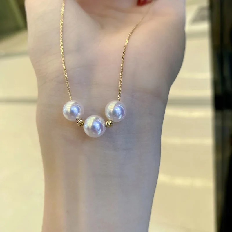 Natural Akoya Saltwater Pearl Necklace, 3-Pearl Balance Beam Pendant 18K Yellow Gold Collarbone Chain, Round Ocean Jewelry